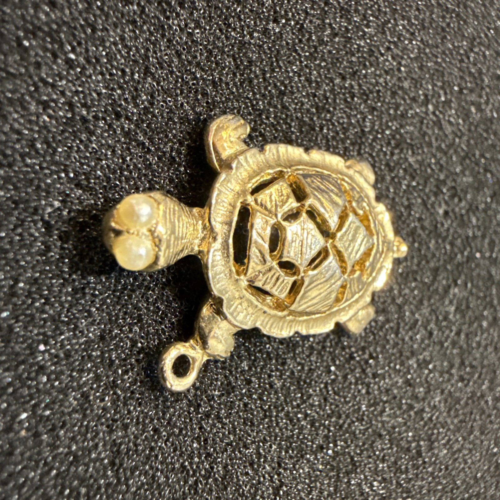 Vintage Detailed Gold Tone Turtle Pendant Pearl Eyes Lucky Tortoise Charm
