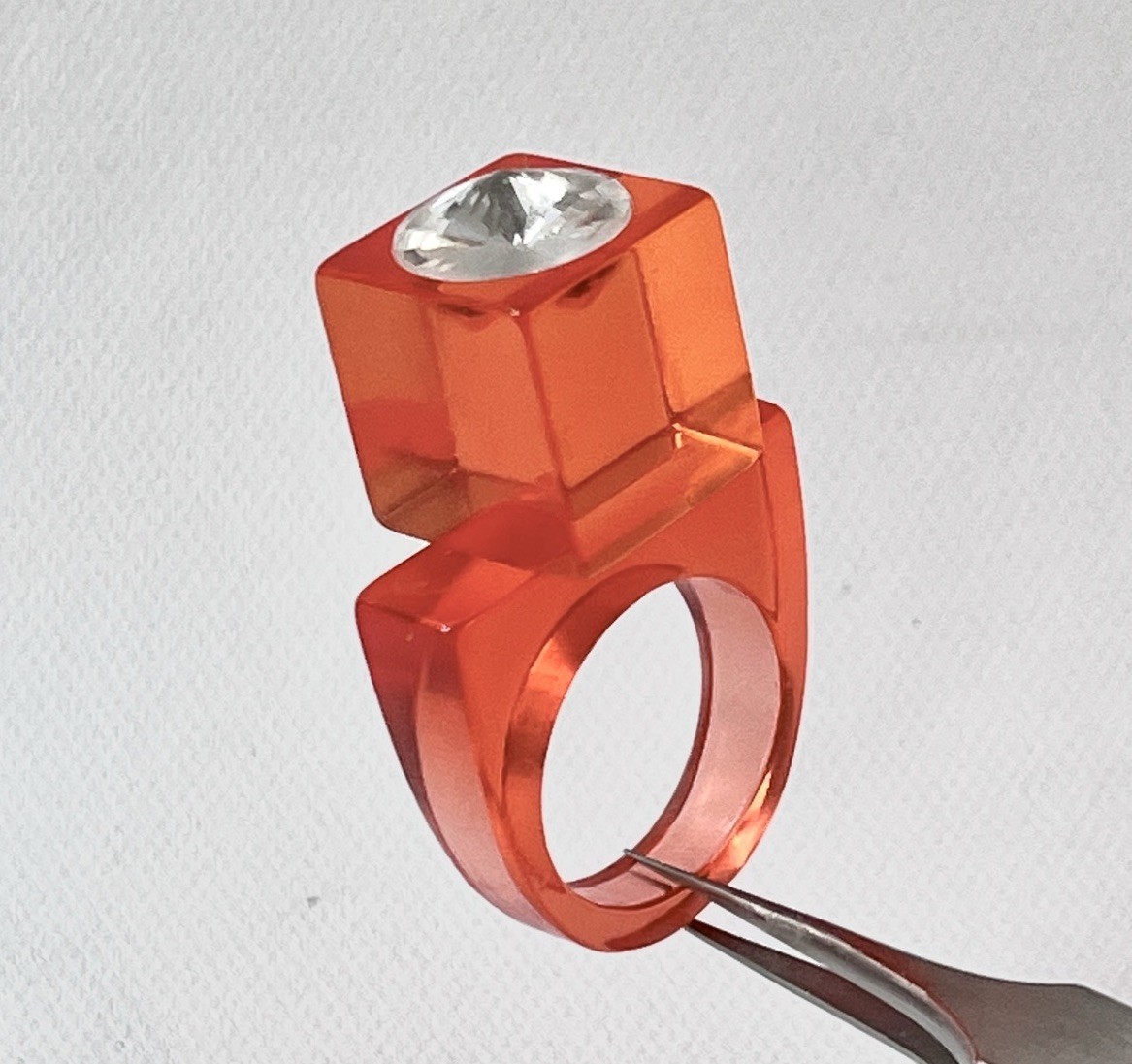 Vintage Lucite Ring Size 7.75 Orange Cubism Rhinestone Modern Chunky Statement