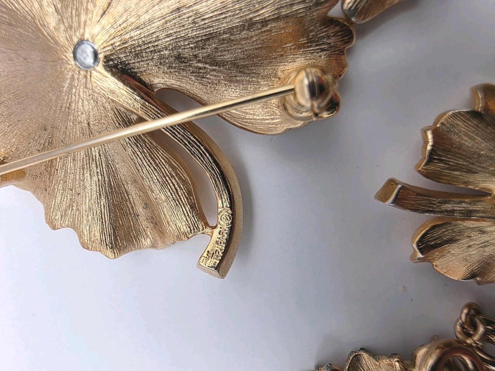 Vintage Signed Trifari Crystal Bugs On Goldtone Leaf Brooch/Earrings/Sweaterclip