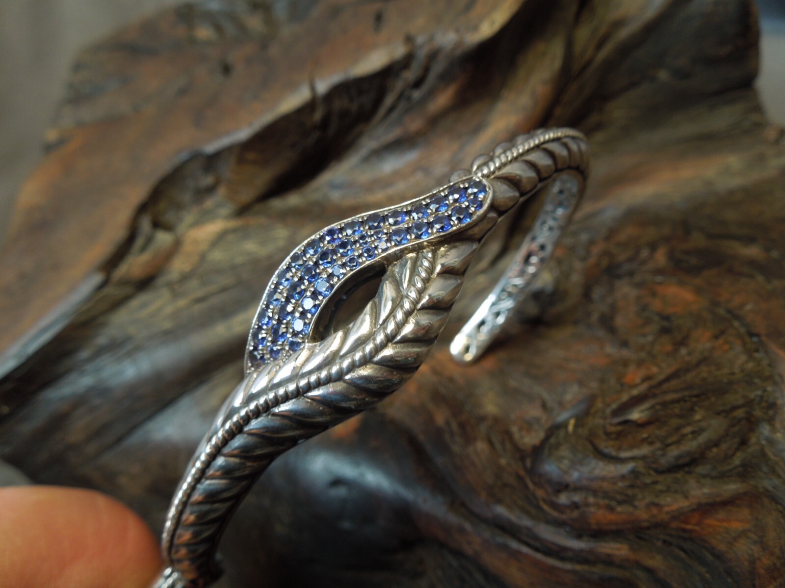 Vintage Robert Manse M ID 925 Sterling Silver Sapphire Hinged Cuff Bracelet