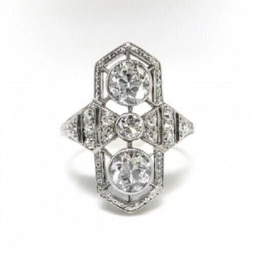 3-Stone 3CT Round Cut Art Deco Shield Halo Lab Created Diamond Ring 925 Silver