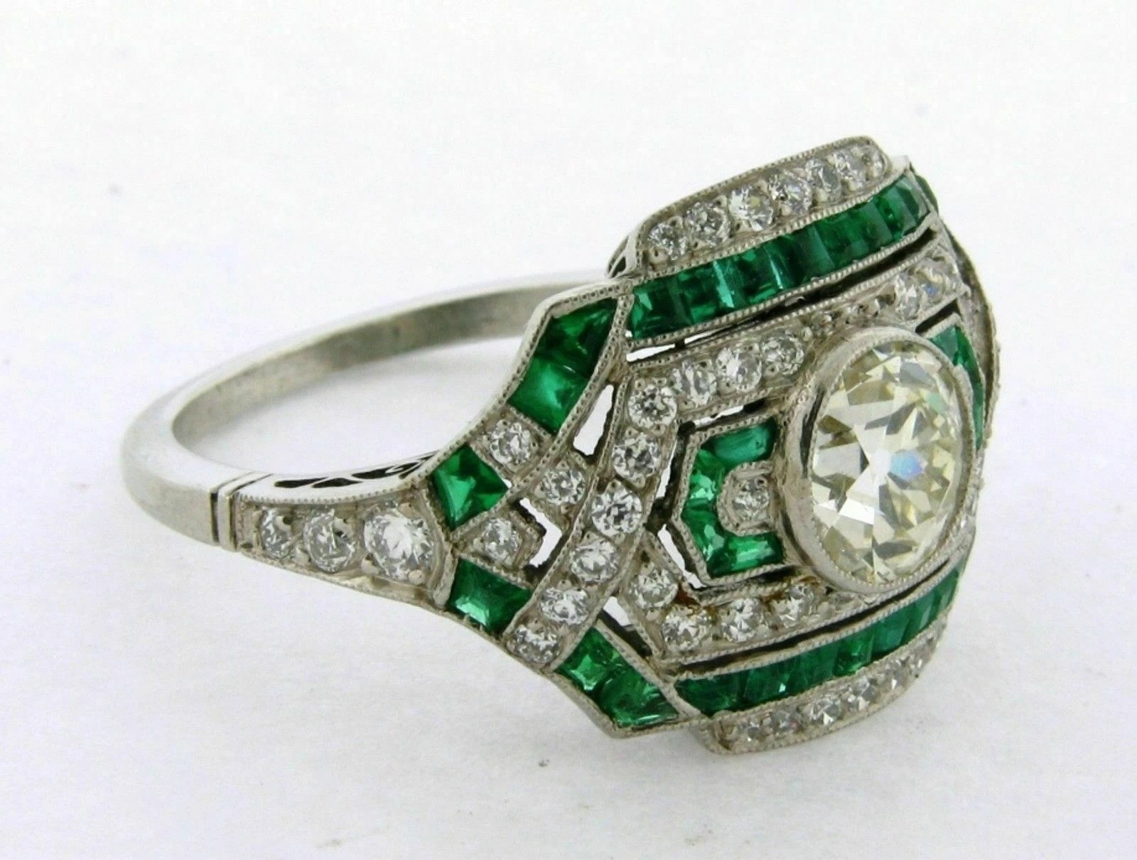 Art Deco Round Lab Created Diamond & Emerald Wedding 14K White Gold Finish Ring
