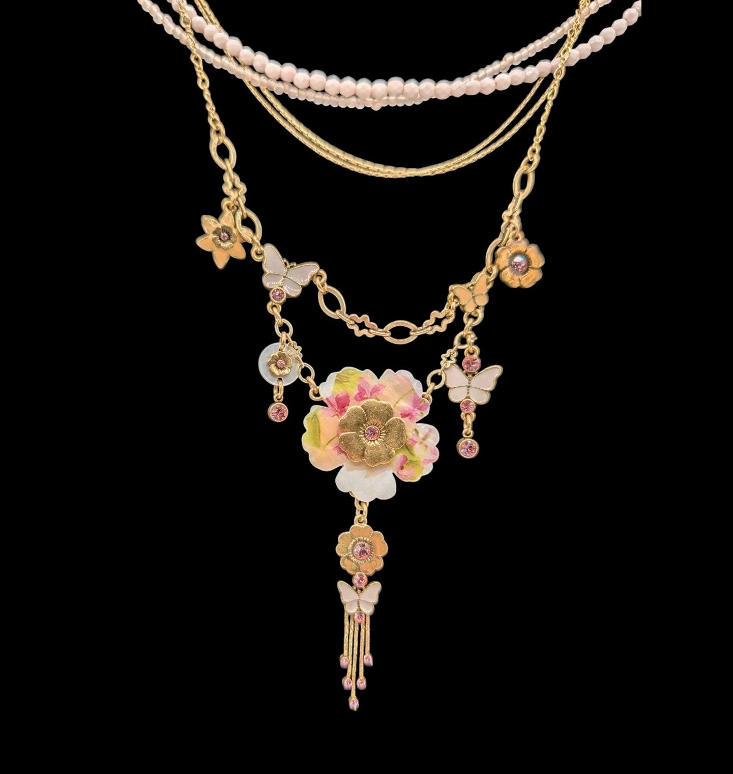 Pilgrim Danish Design Necklace Enamel MOP Crystal Charm Floral Butterfly Whimsy