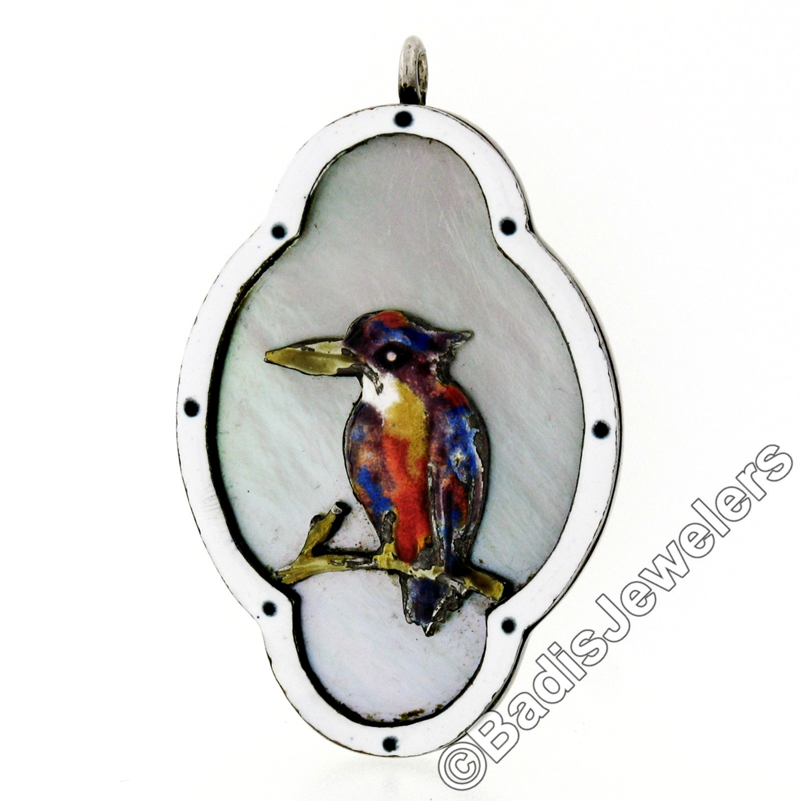 Antique .925 Sterling Silver Enamel Bird Mother of Pearl Quatrefoil Pendant RARE