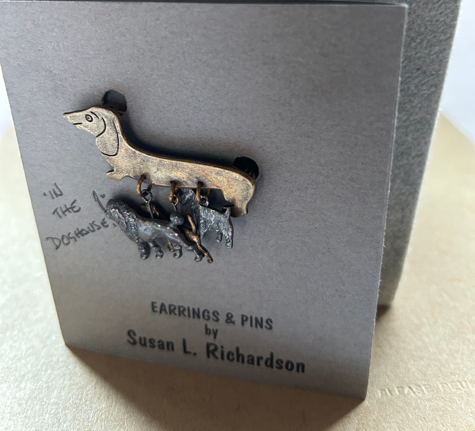 Artisan Dachshund Dog Pin/Brooch w/ 3 Dangling Dog Charms DOGS