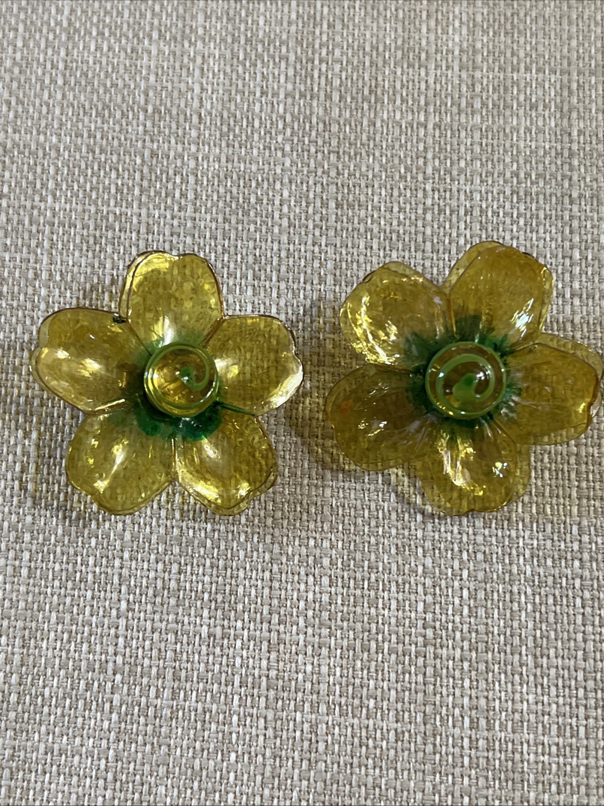Vintage Cellulose Acetate Yellow Double Layer Petal Floral Clip On Earrings