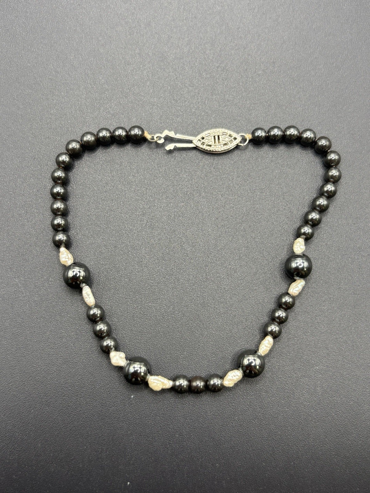 7.5″ Vintage Sterling Silver Hematite Pearl Bracelet 925 B5
