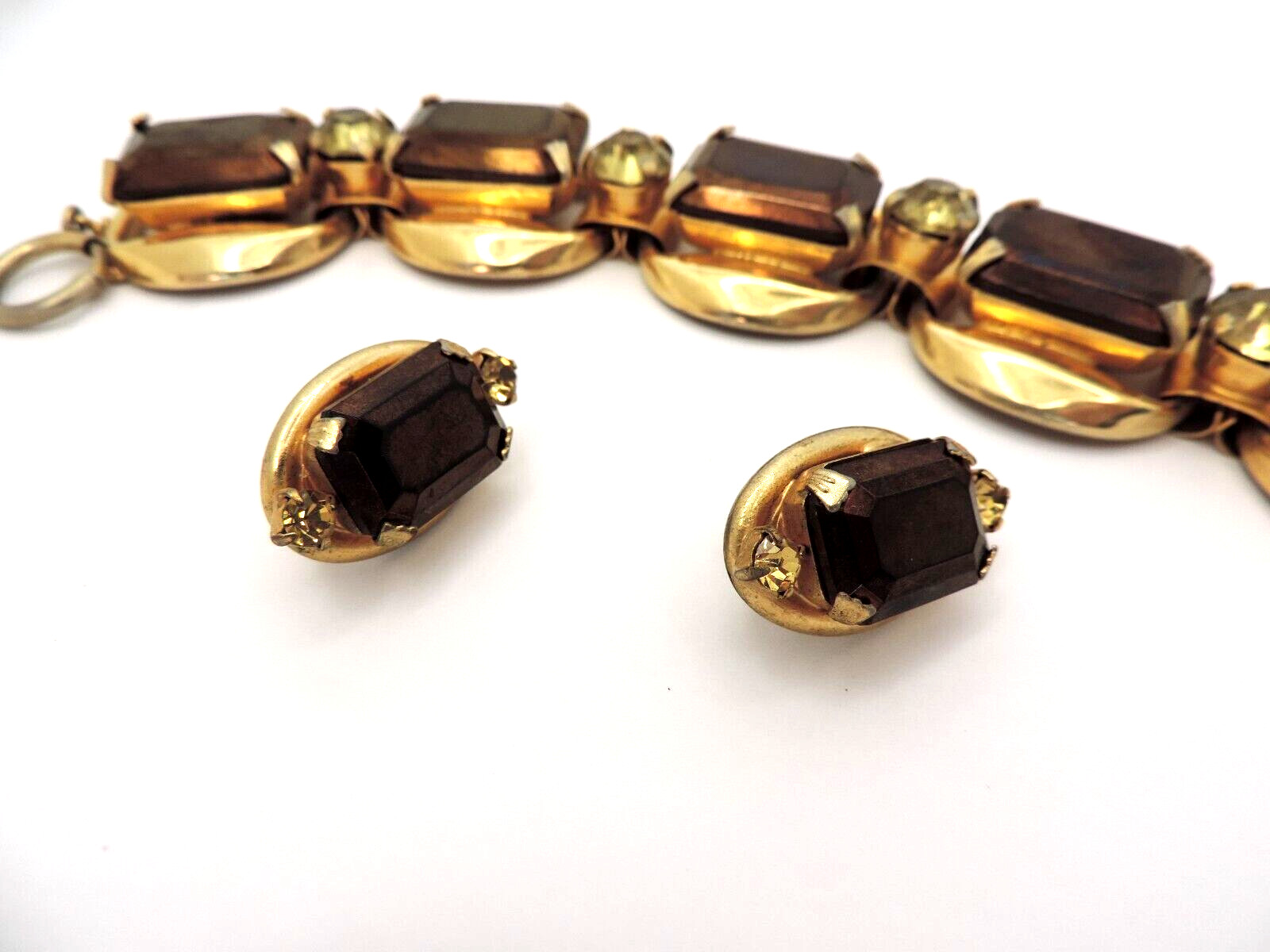 Bracelet Earrings Set 5 Link Brown Green Large Rhinestones Open Backs MCM Trendy