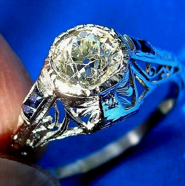 Original EARTH MINED DIAMOND Sapphire Deco Engagement Ring PLATINUM Solitaire 6