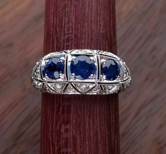 Art Deco Style 3Ct Round Lab Created Sapphire Engagement 14K White Gold FN Ring