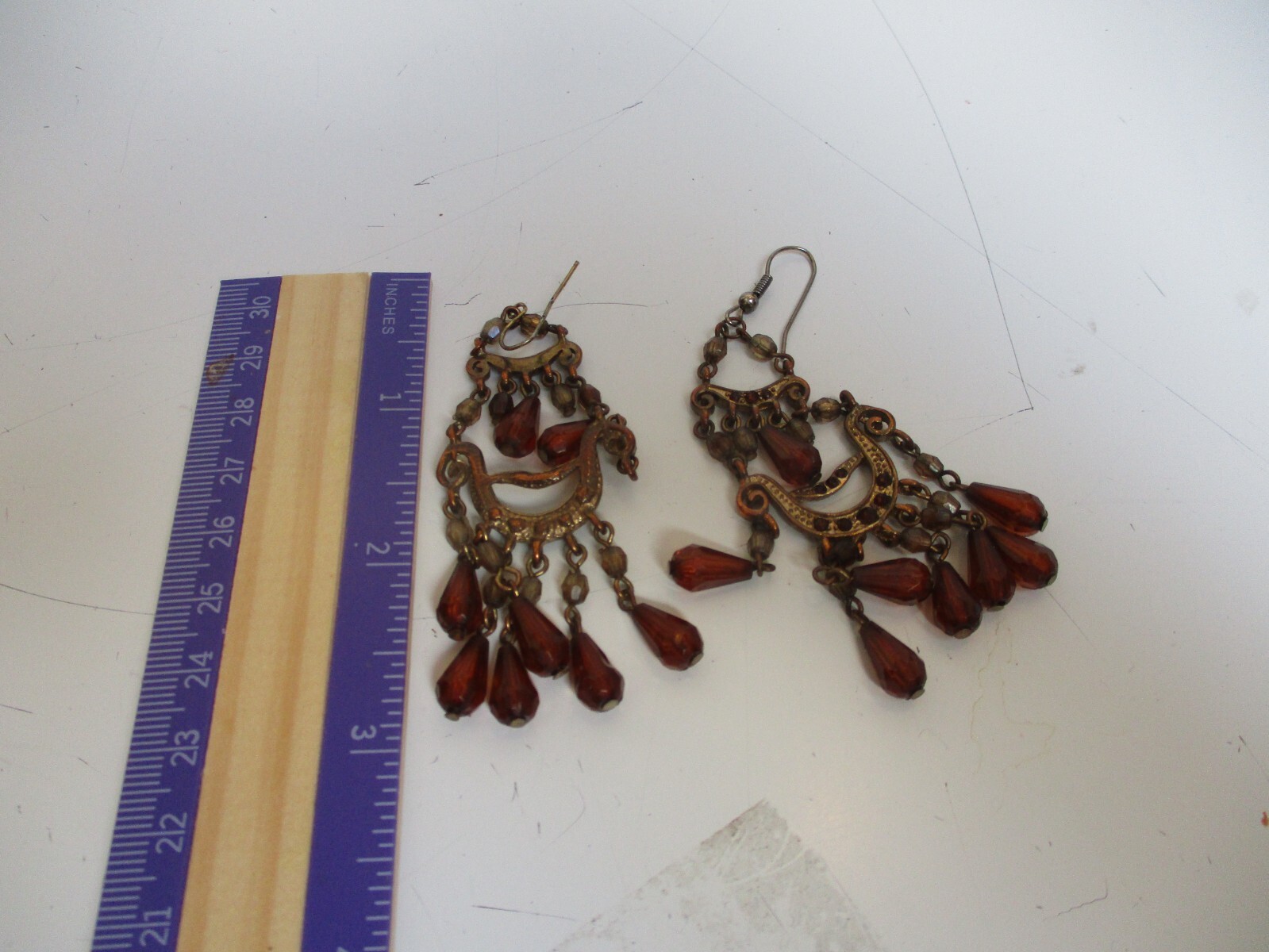 Vintage Bronze Color Dangle Hook Earrings w/ Brown Rhinestones & Bead Dangles