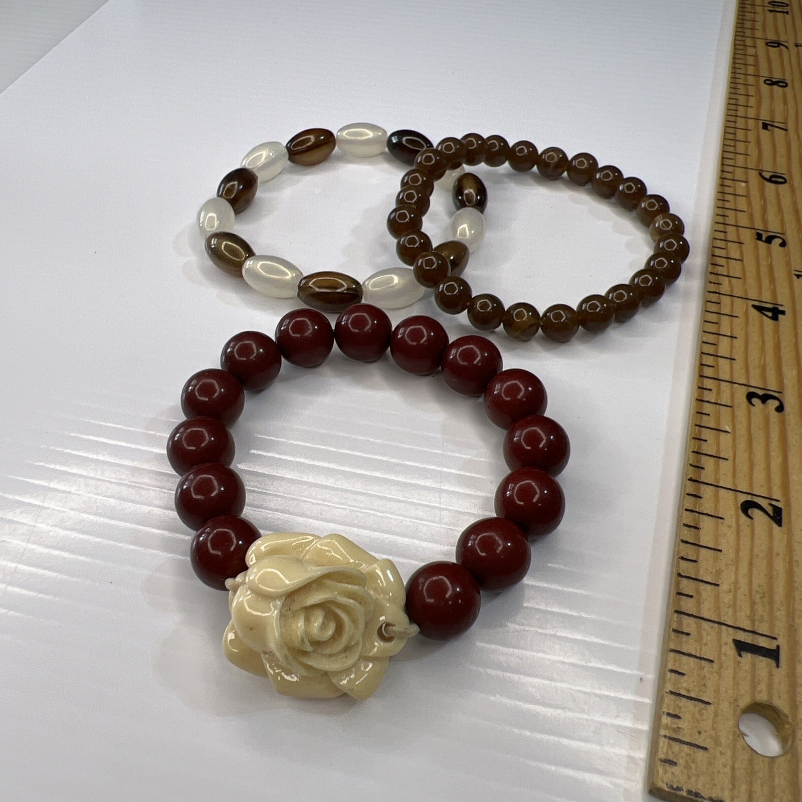 Lot Brown Red Beaded Acrylic Resin Celluloid Lotus Flower Retro Bracelets