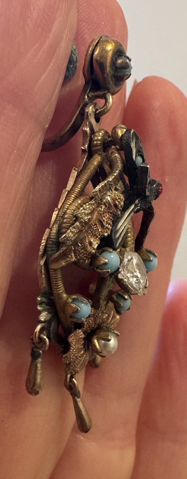 Antique Victorian Single Earring Gold Gilt Bird Nest Turquoise Coral Stone