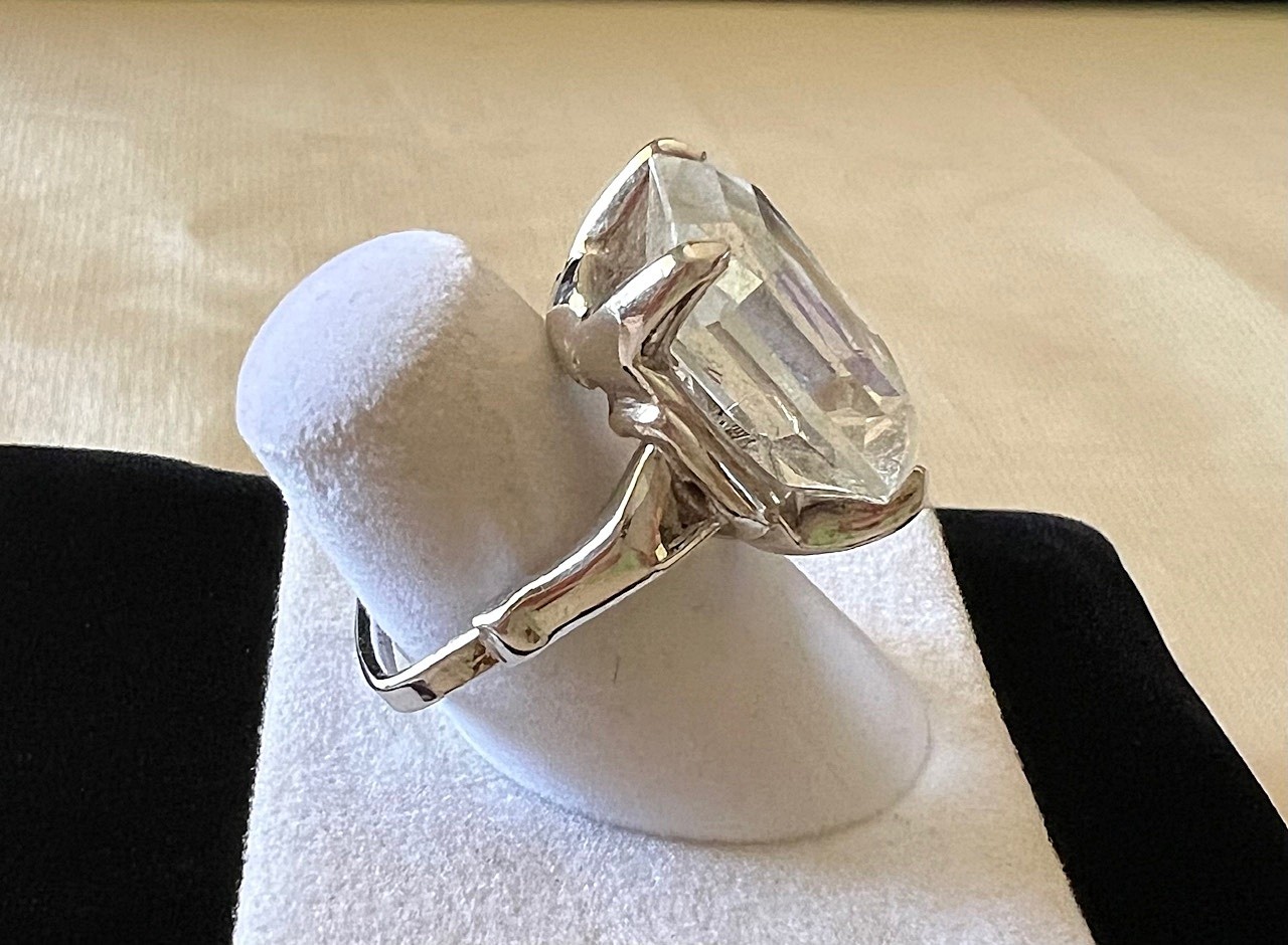 1960s Vintage VENDOME adjustable cocktail ring, w/ clear glass emerald-cut stone