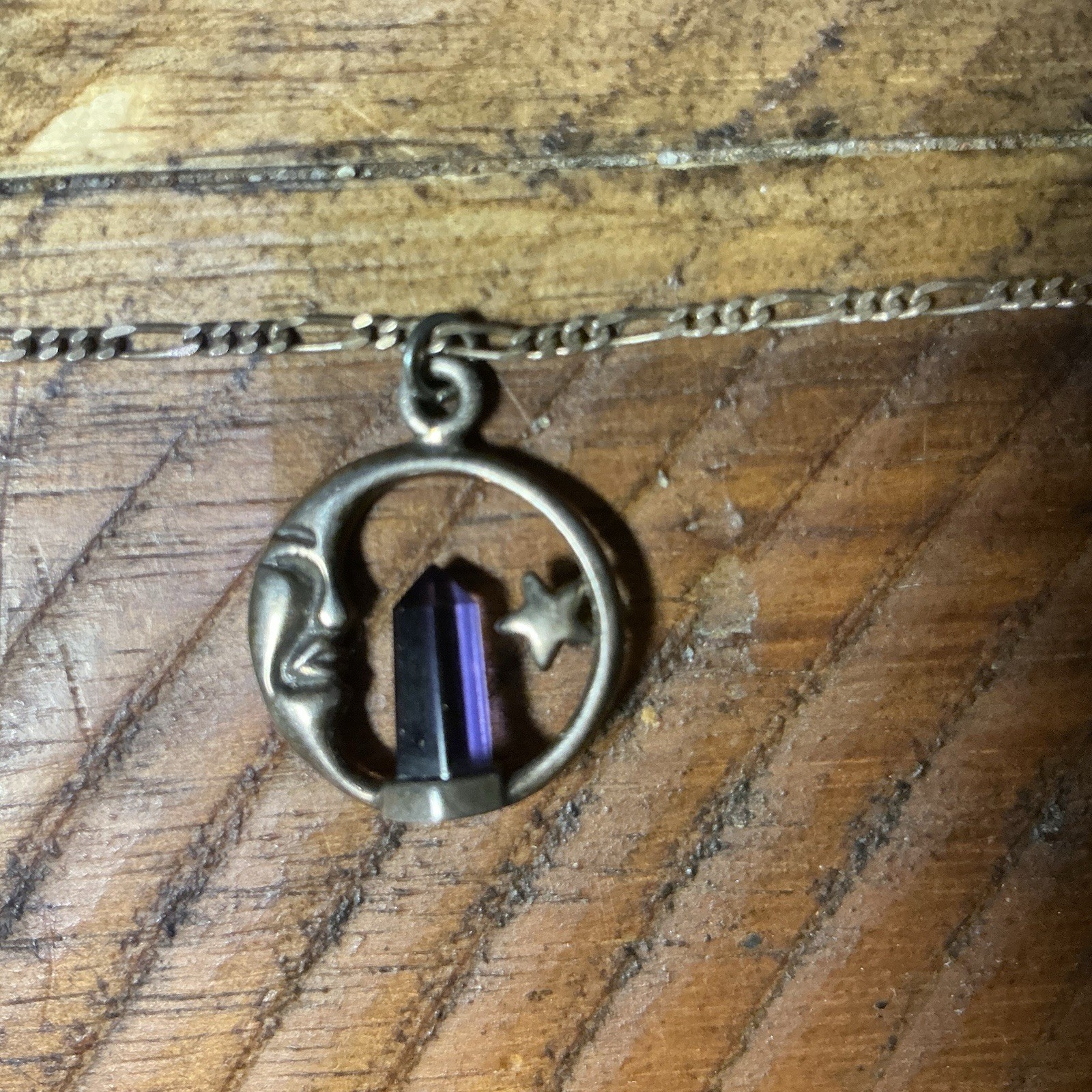Vintage Sterling Silver Crescent Moon Star Amethyst Pendant Necklace Beautiful!