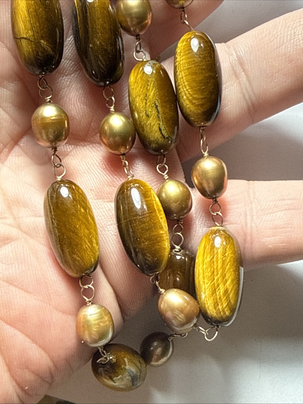 Necklace 2 Strand Tiger’s Eye Cultured Pearl Vermeil Toggle Clasp Vintage Unused