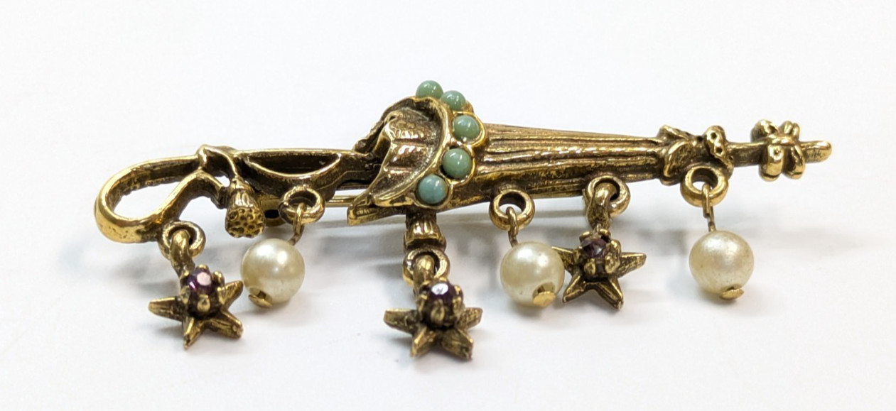 VTG Unsigned Florenza Purple Rhinestone Gold Tone Umbrella Stars Pearl Brooch 2″