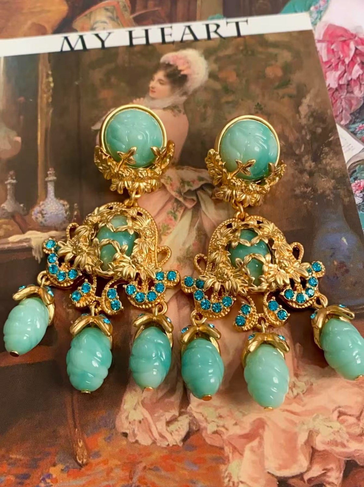 Vintage Turquoise Chandelier Earrings Gold Statement Drop Earrings Rococo Style