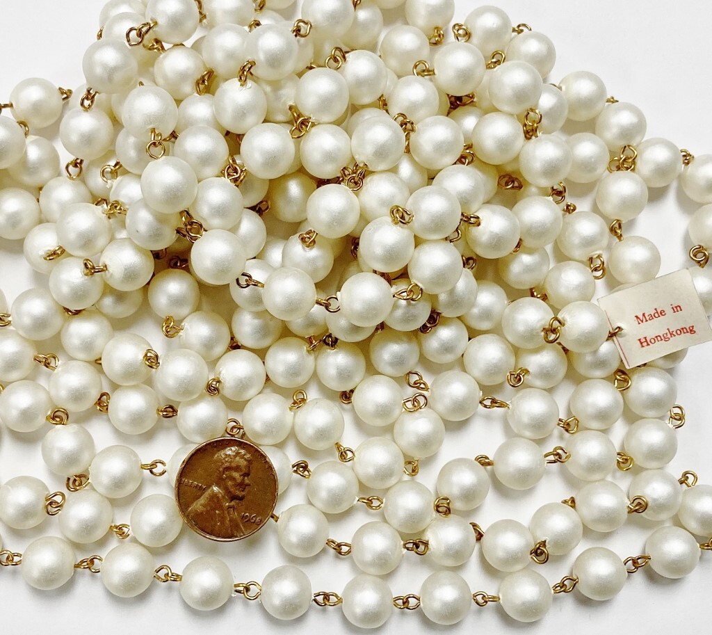 10 FEET VINTAGE HONG KONG SATIN 10mm. PEARL BRASS ROSARY CONTINUOUS CHAIN 1016