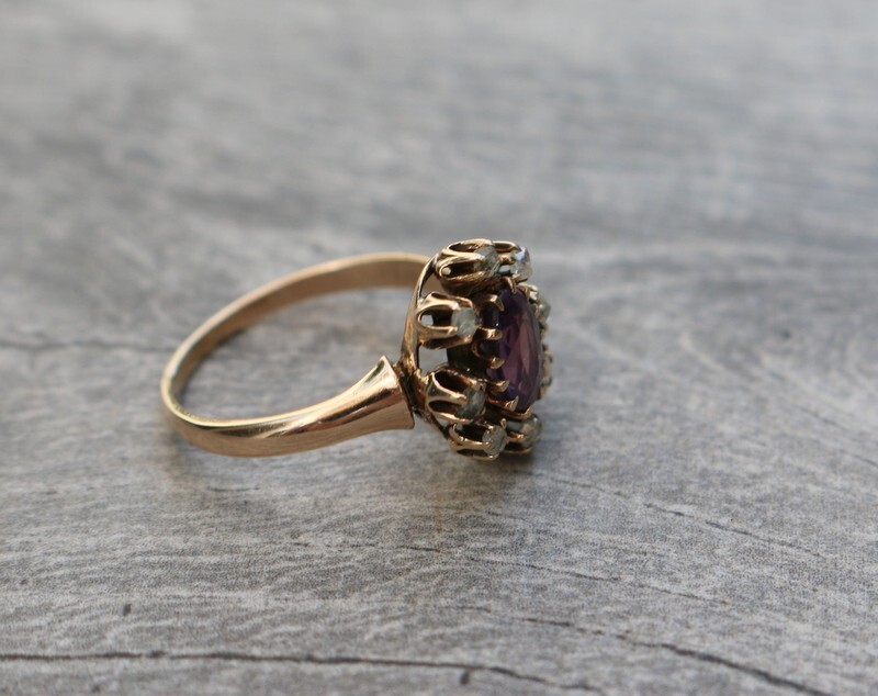Antique Victorian 14K Gold Rose Cut Diamond Amethyst Engagement Ring Sz 5.75