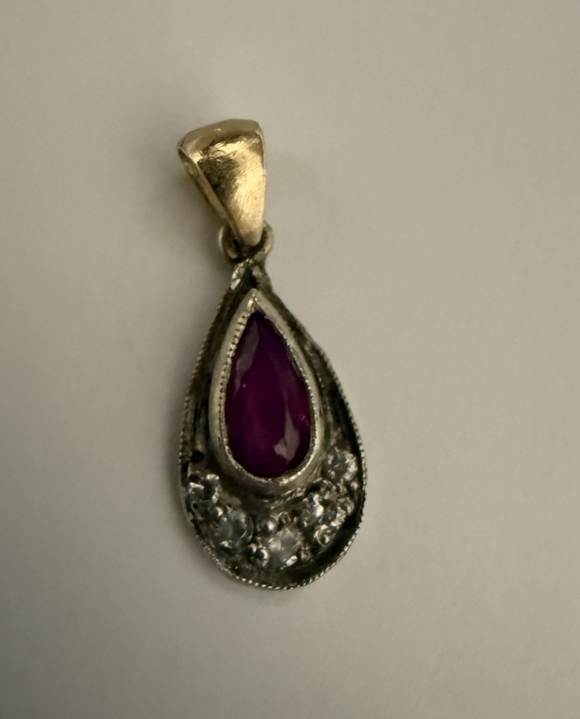 Antique Old Mine Rose Cut Diamond 14K Gold and Silver pendant Ruby Center Stone