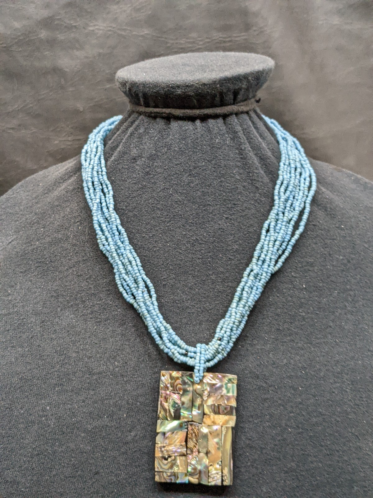 Vintage Blue Seed Bead Necklace Abalone Shell Mosaic Pendant MOP Statement 18″
