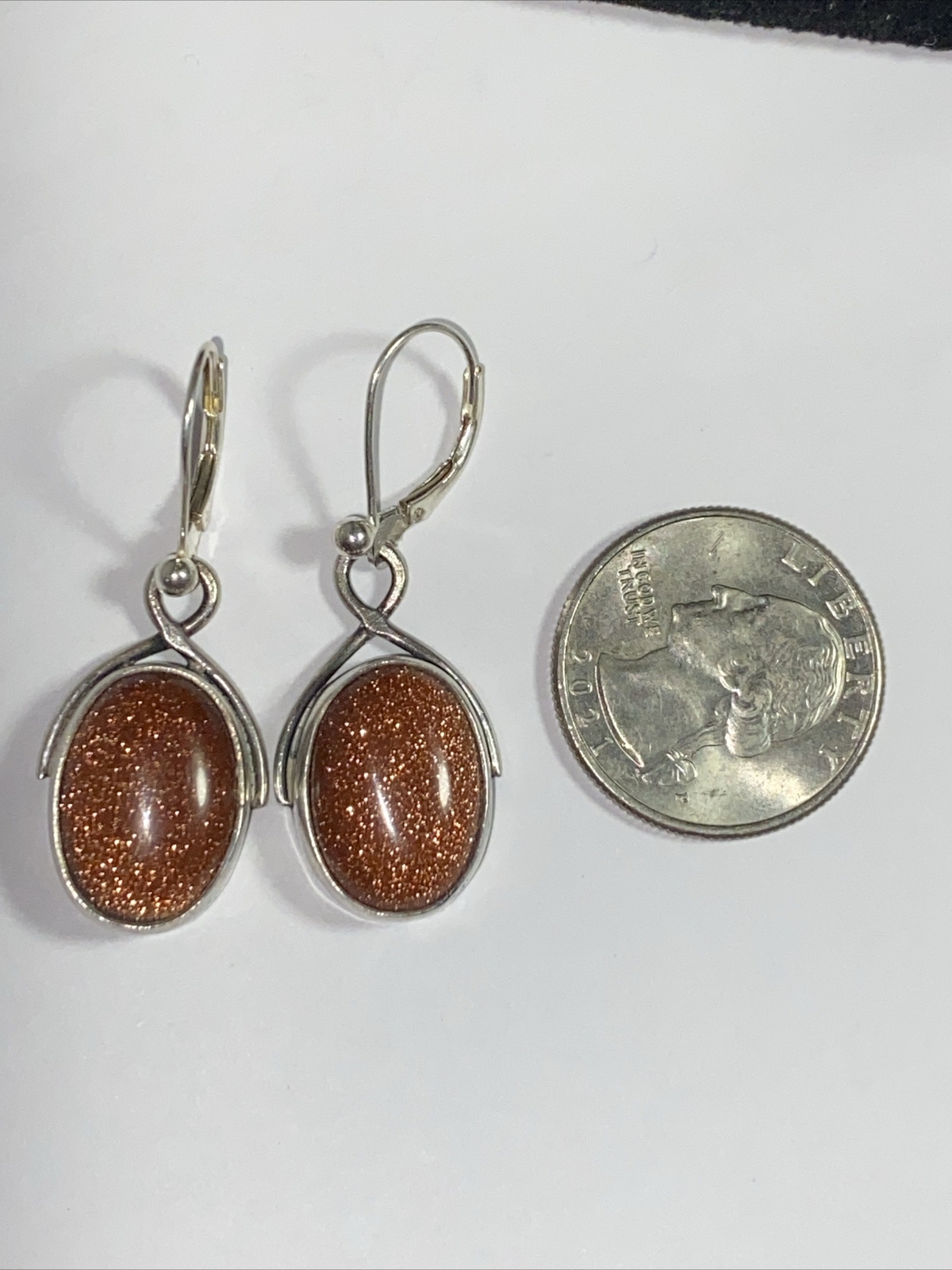 Earrings Pierced Hanging Big Sparkling Goldstones Cabs Sterling Silver LeverBack