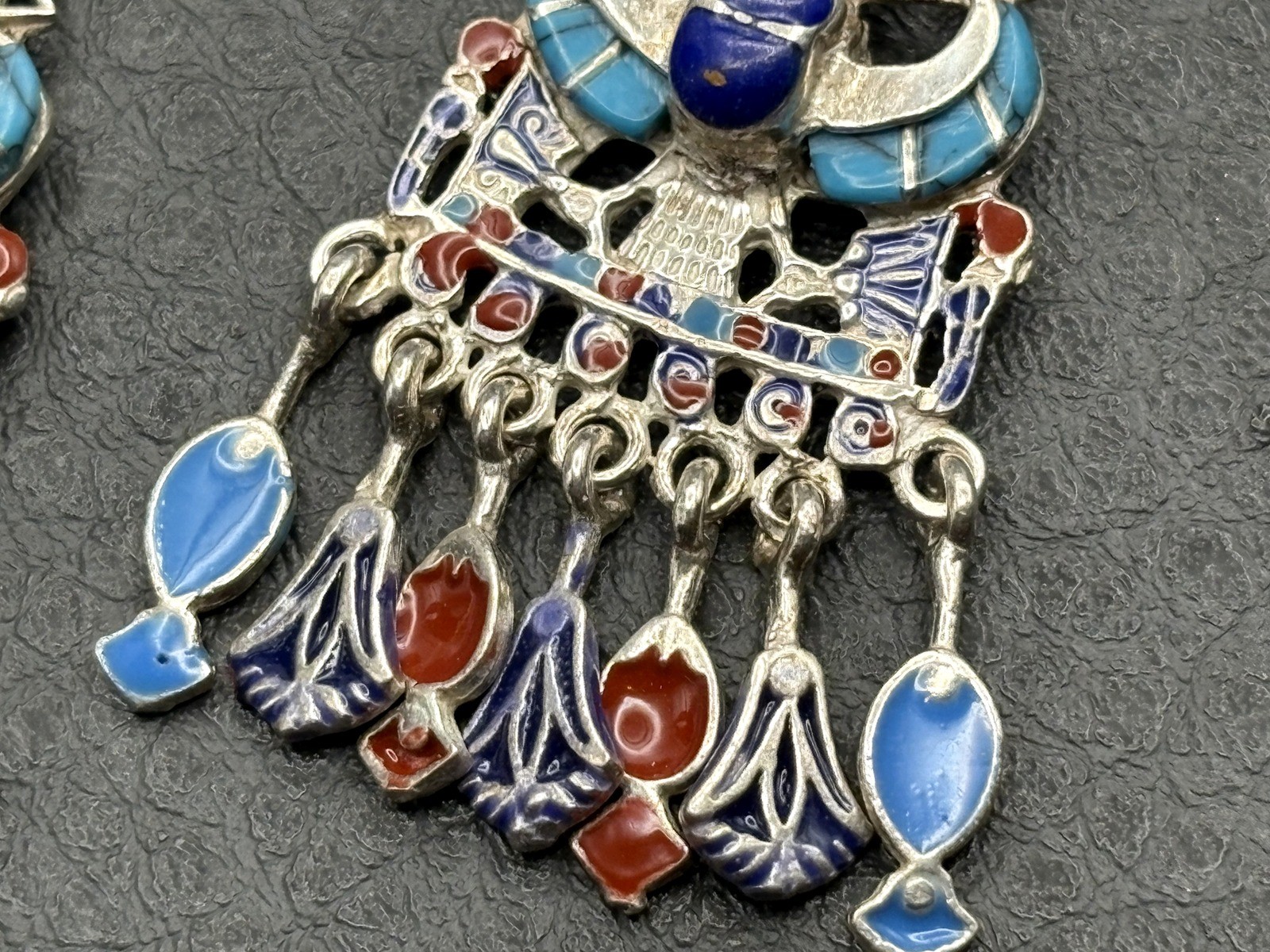 Sterling Silver Egyptian Revival Enamel Chandelier Earrings Scarab Hieroglyph