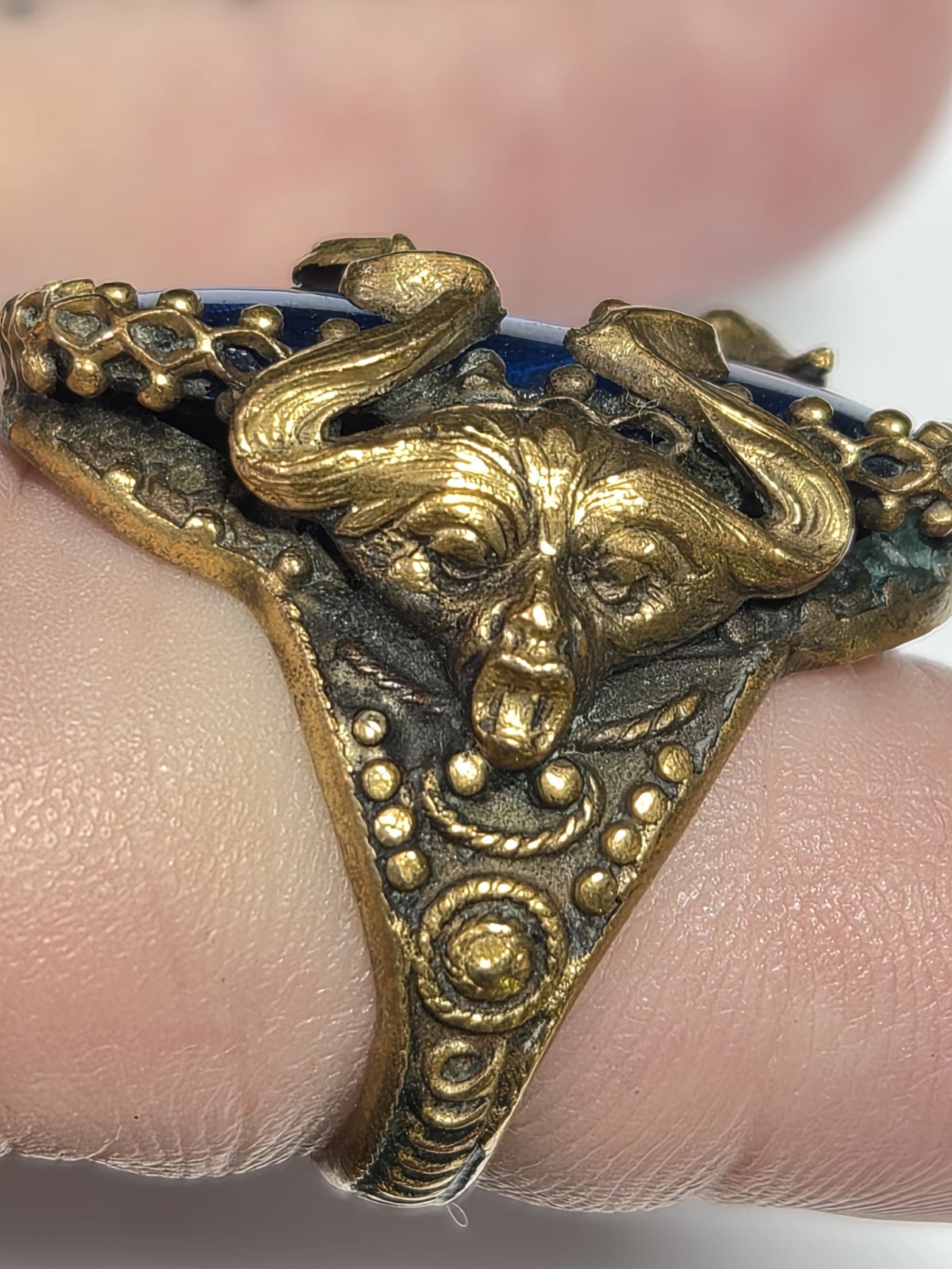 Antique Art Deco Blue Morpho Butterfly Wing Green Man? Pan? Czech? Ring Devil