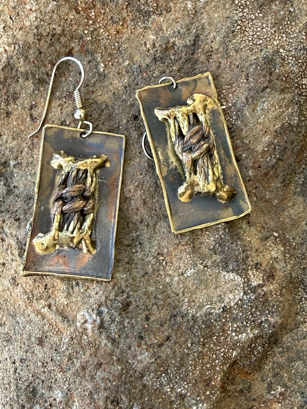 Vintage Art Studio Metal Brass Copper Brutalist Style Dangle Pierced Earrings