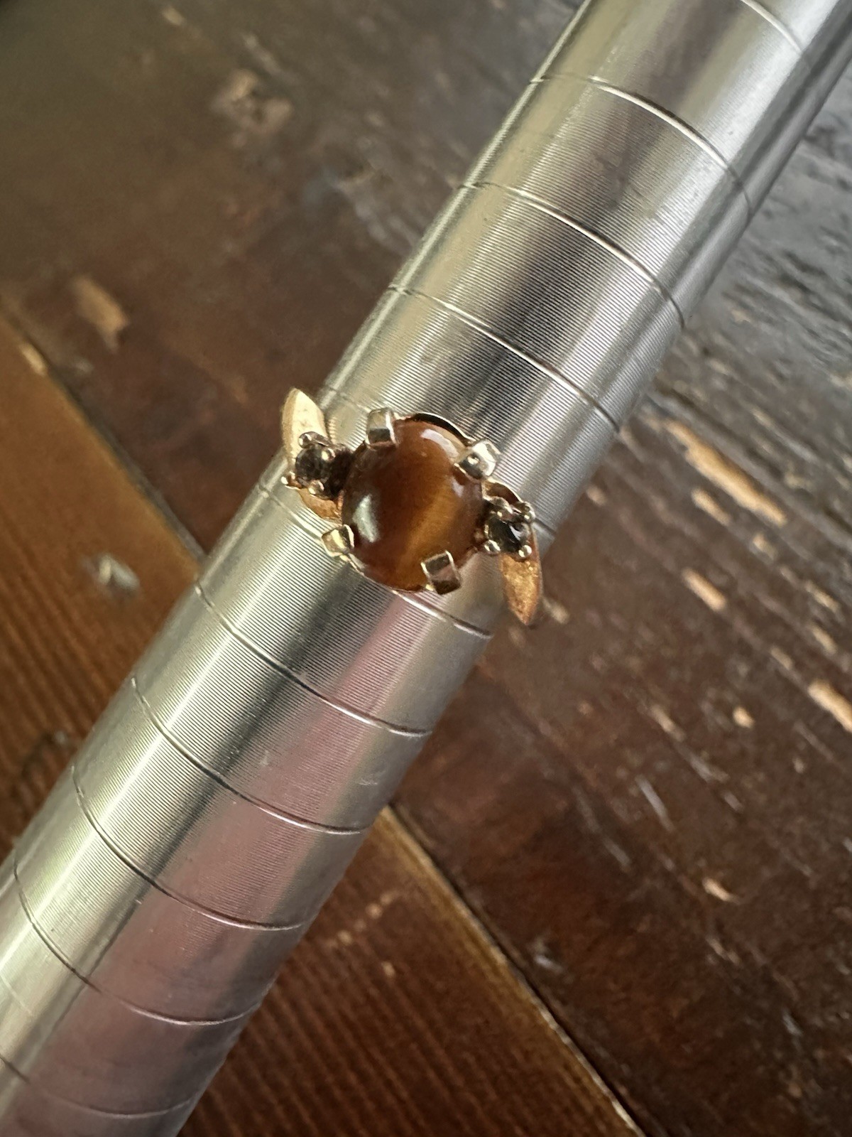 Vintage Joseph Esposito Tiger Eye Ring Size 5 Gold Tone Signed Statement Ring