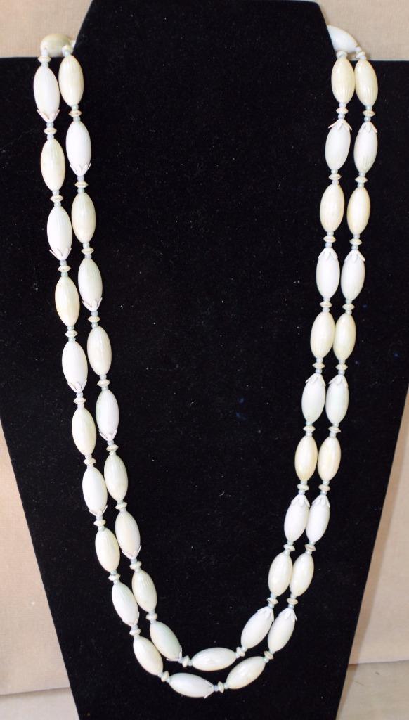 Vintage 60s JAPAN? Bleached Green Oval Beads 54″ Necklace