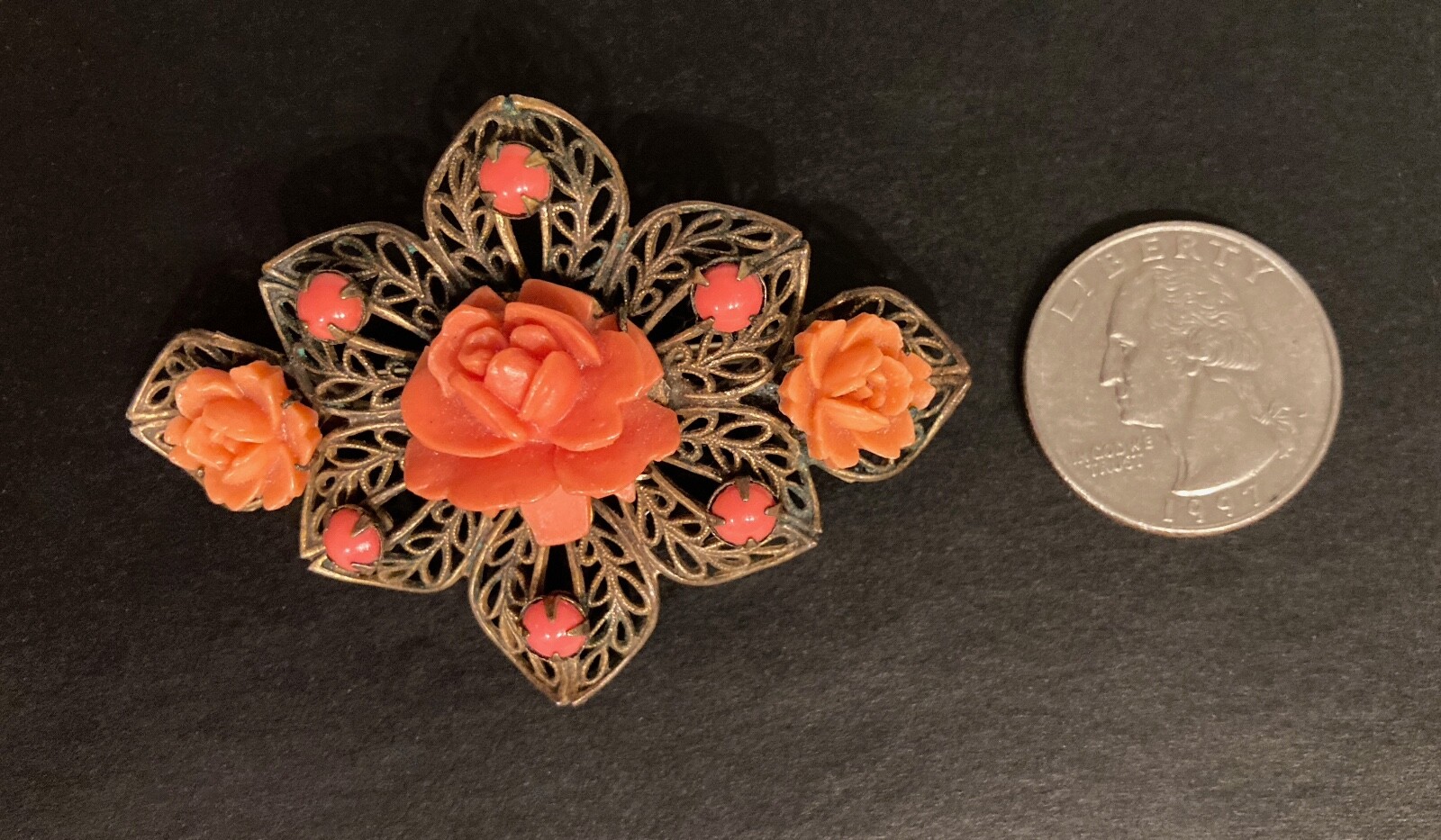 Vintage Rose Brooch Filigree Flower Floral Cut Out Prongs Leaf Peach Coral Pin