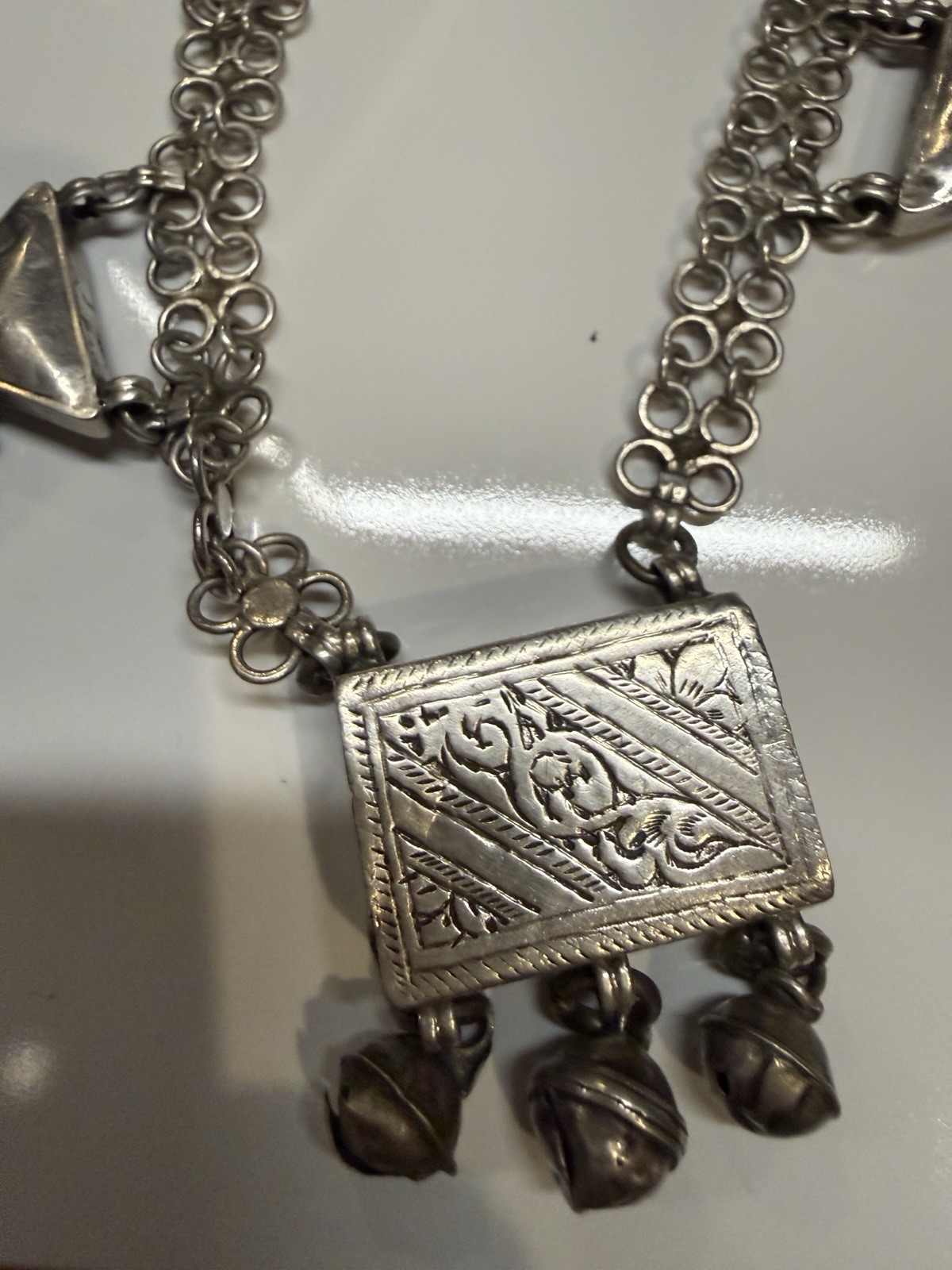 Antique silver alloy necklace, charms, 92gr. From Middle East. Mid-Century.