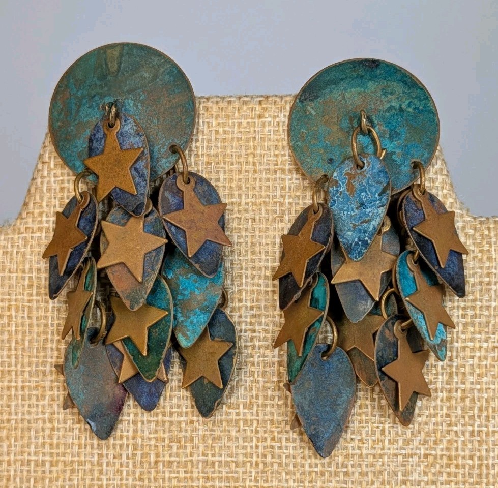 Large Vintage Artisan Verdigris Boho Brass Celestial Stars Dangle Earrings India