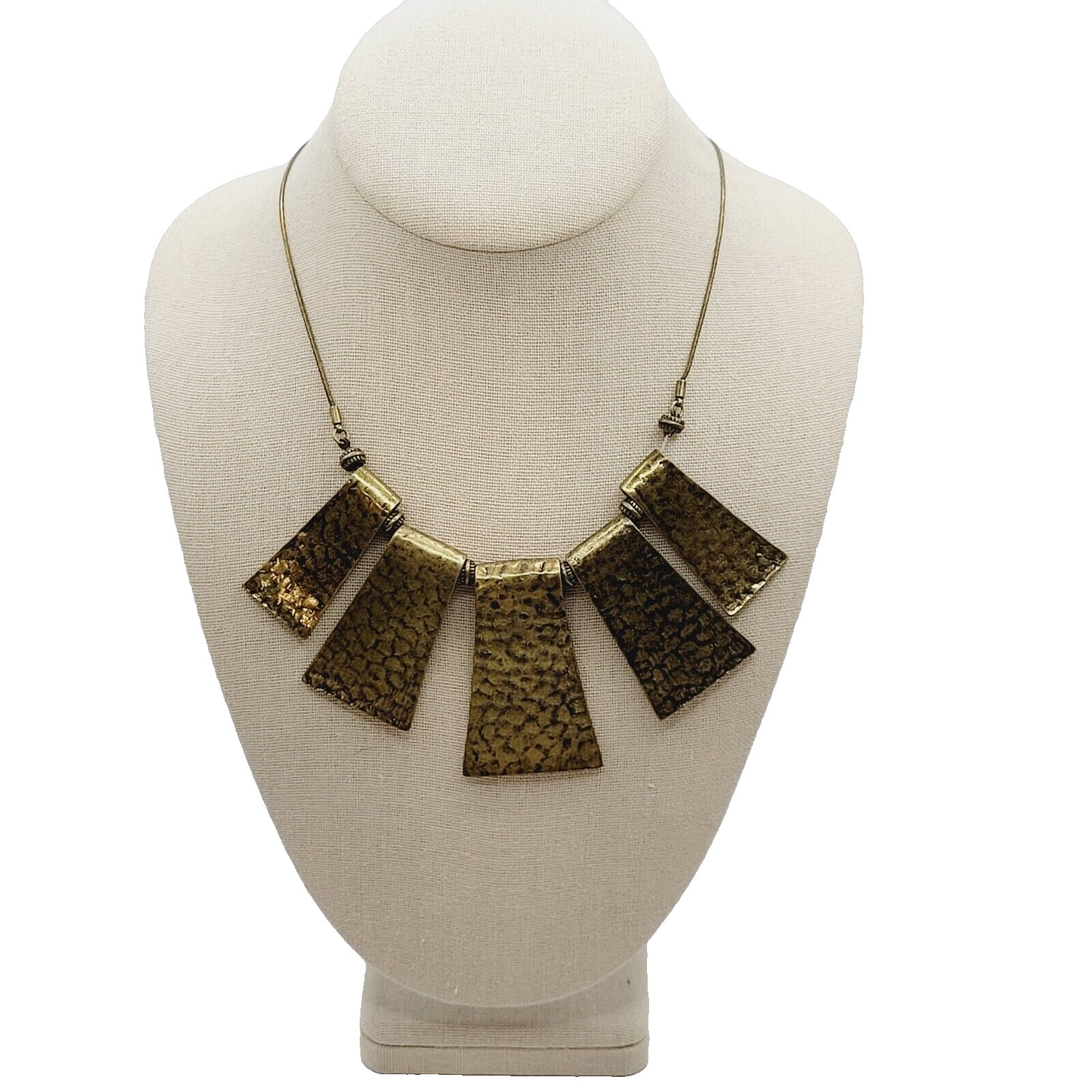 Exotic Hammered Style 5 Metal Plate Bib Necklace Brutalist Cleopatra Look 21 In