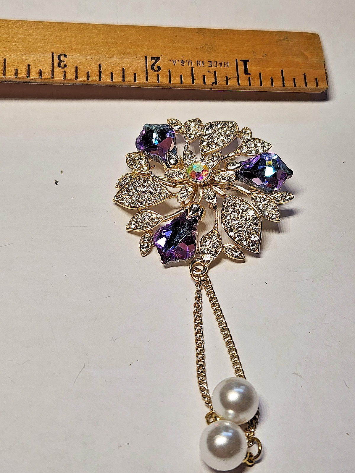 Vintage Style AB Crystal Floral Brooch Gold Tone C-Clasp Tassel Faux Pearl drop