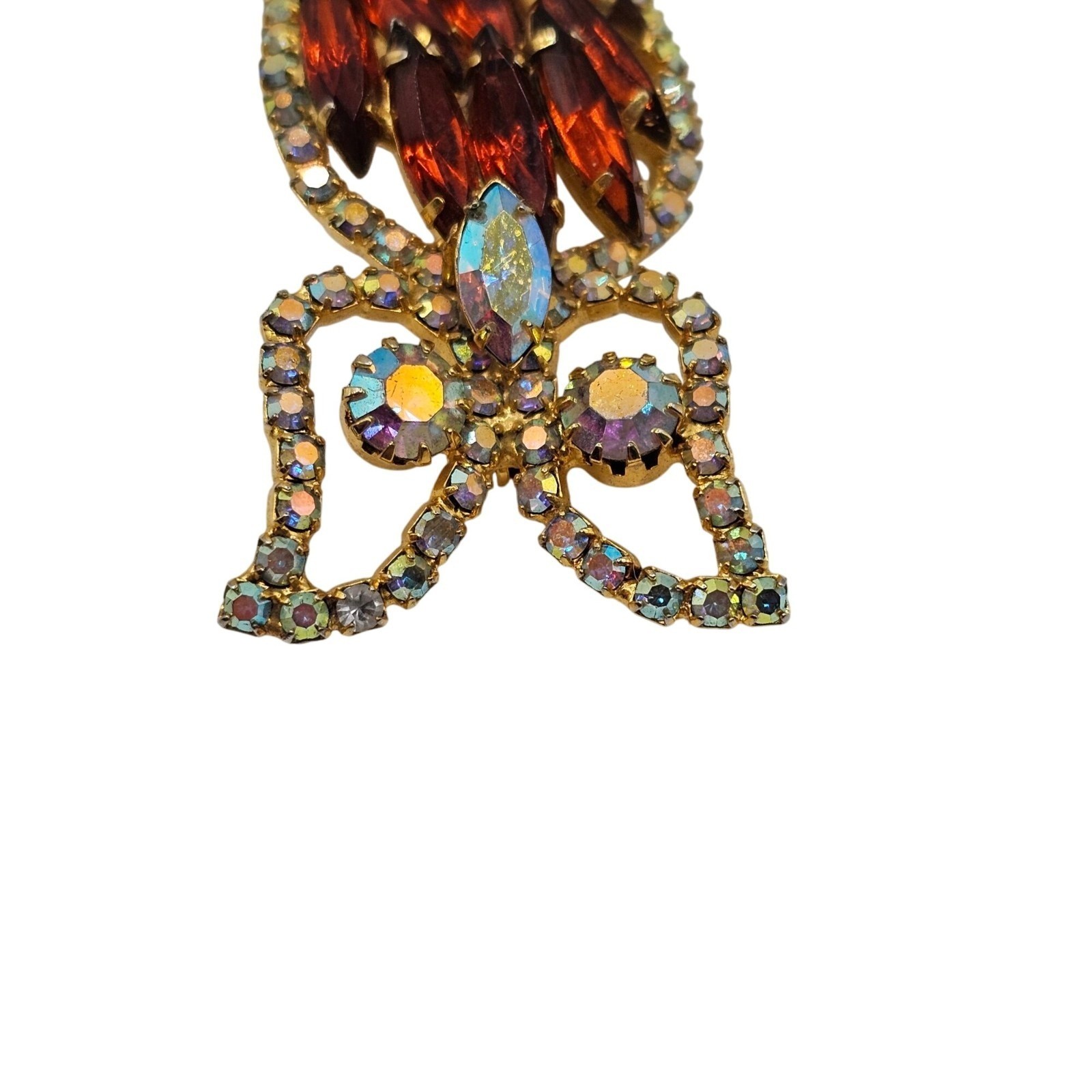Vtg Rhinestone Owl Brooch Gold Tone Aurora Borealis Figural 2.5″ Pin Woodland