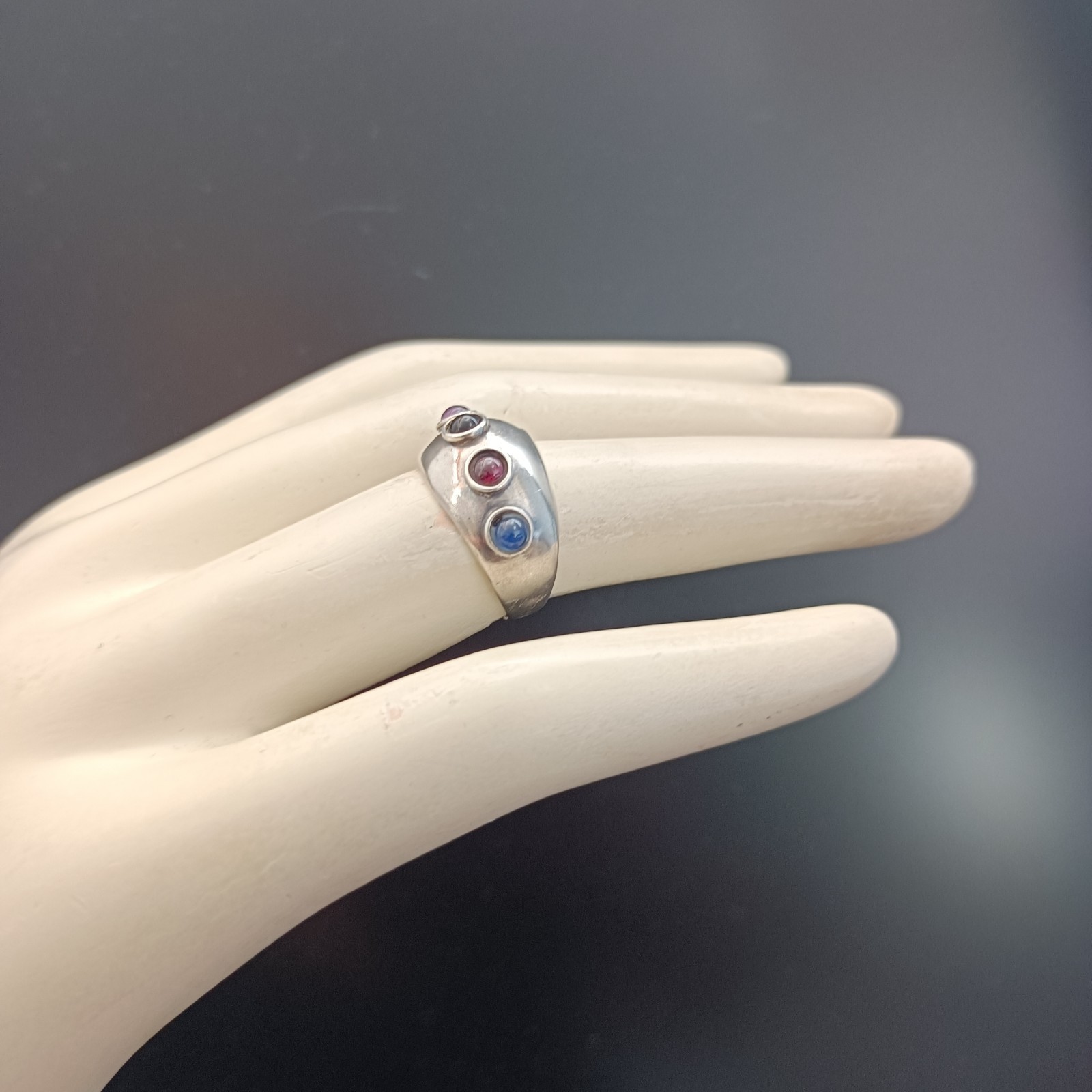 Modernist Gemstone Dome Ring Sterling Silver Cabochon Band Boho Israeli Artisan
