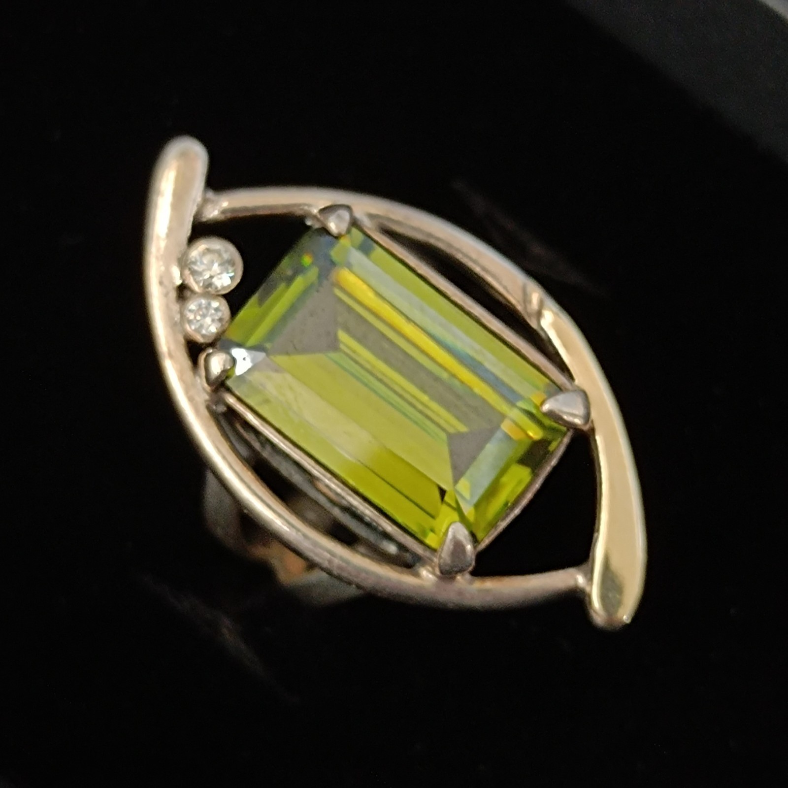 Modernist Statement Ring Sterling Silver Olive Green Stone Rolled Gold Cocktail