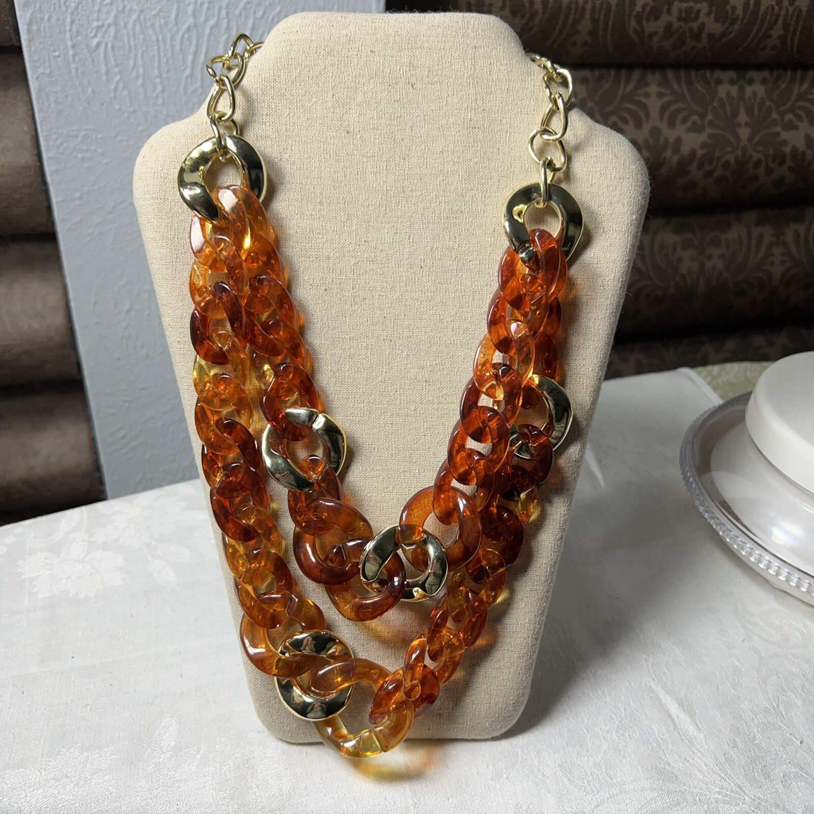 Large Link Amber Acrylic/lucite Two Tier Necklace With Gold Tone Spacer Links