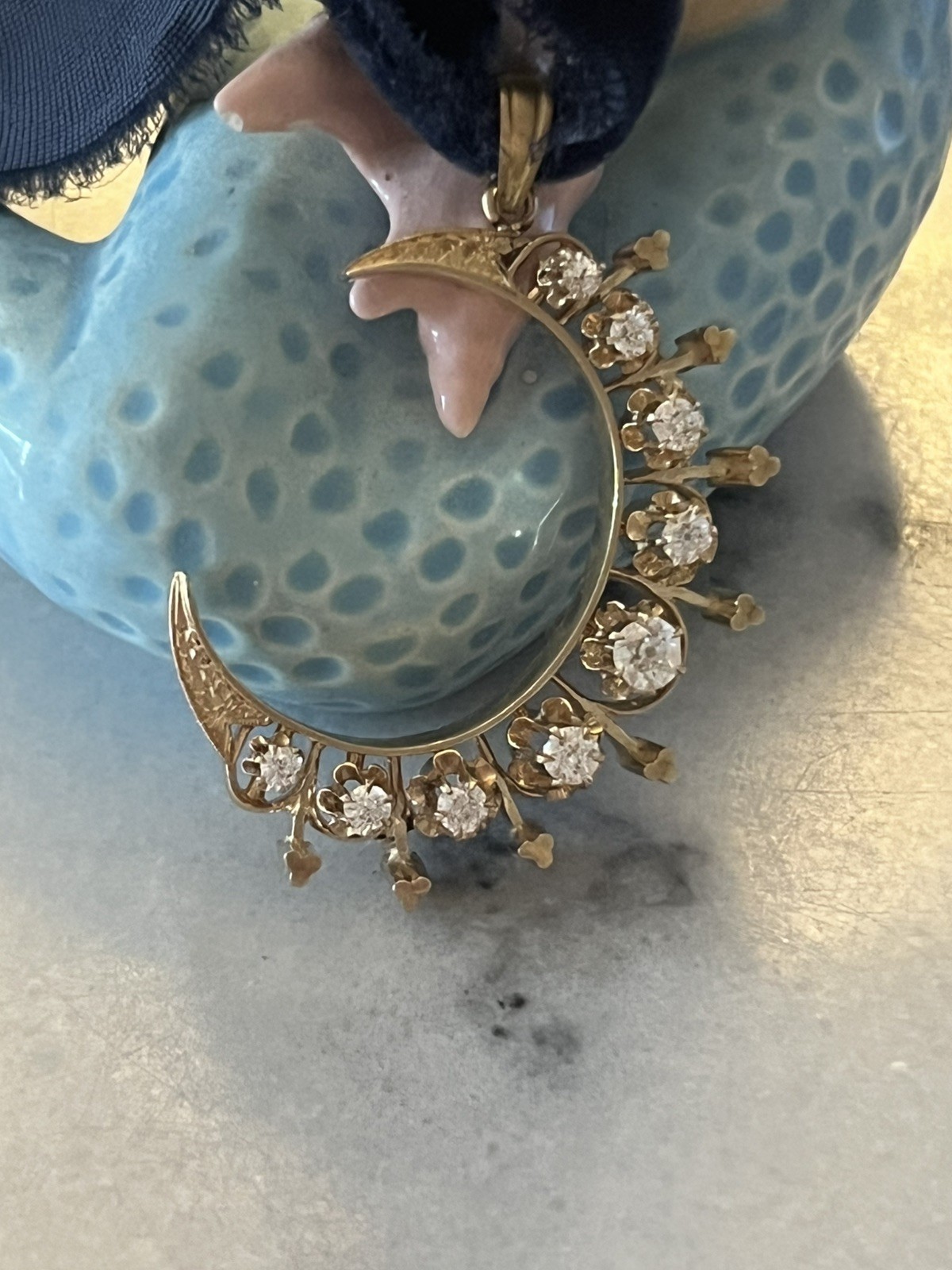 Spectacular Antique 14k Yellow Gold Diamond Crescent Moon Pendant 1920s