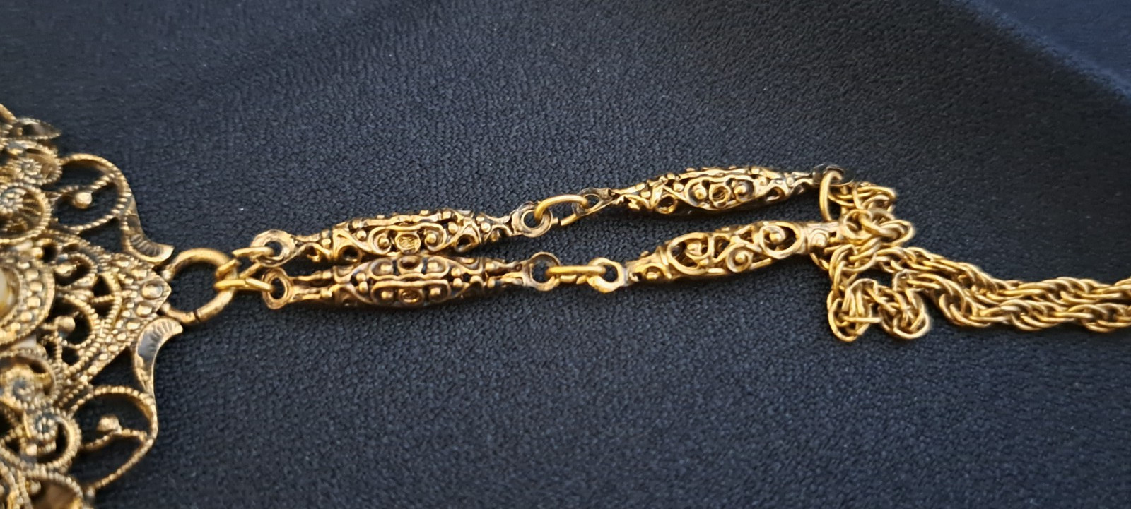 Vintage W. Germany? Gold Filigree Opaline Cabochon & Accented Pendant Necklace