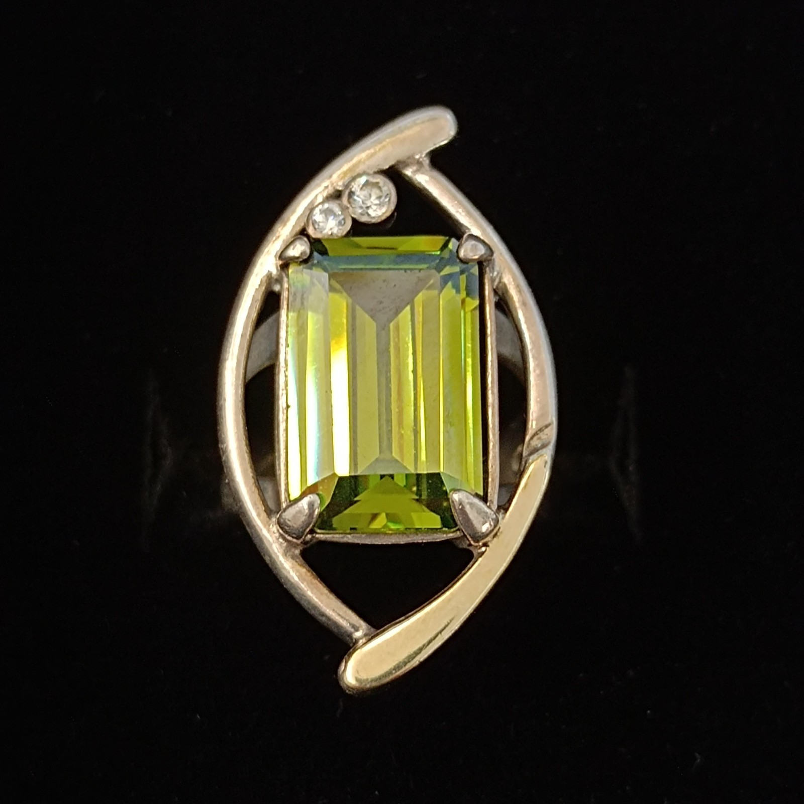 Modernist Statement Ring Sterling Silver Olive Green Stone Rolled Gold Cocktail