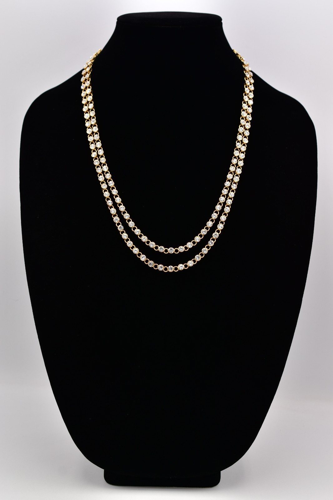 Vintage 50″ Gold Tone Clear Rhinestone Long Necklace Sparkle Crystal 1990s Bin3D