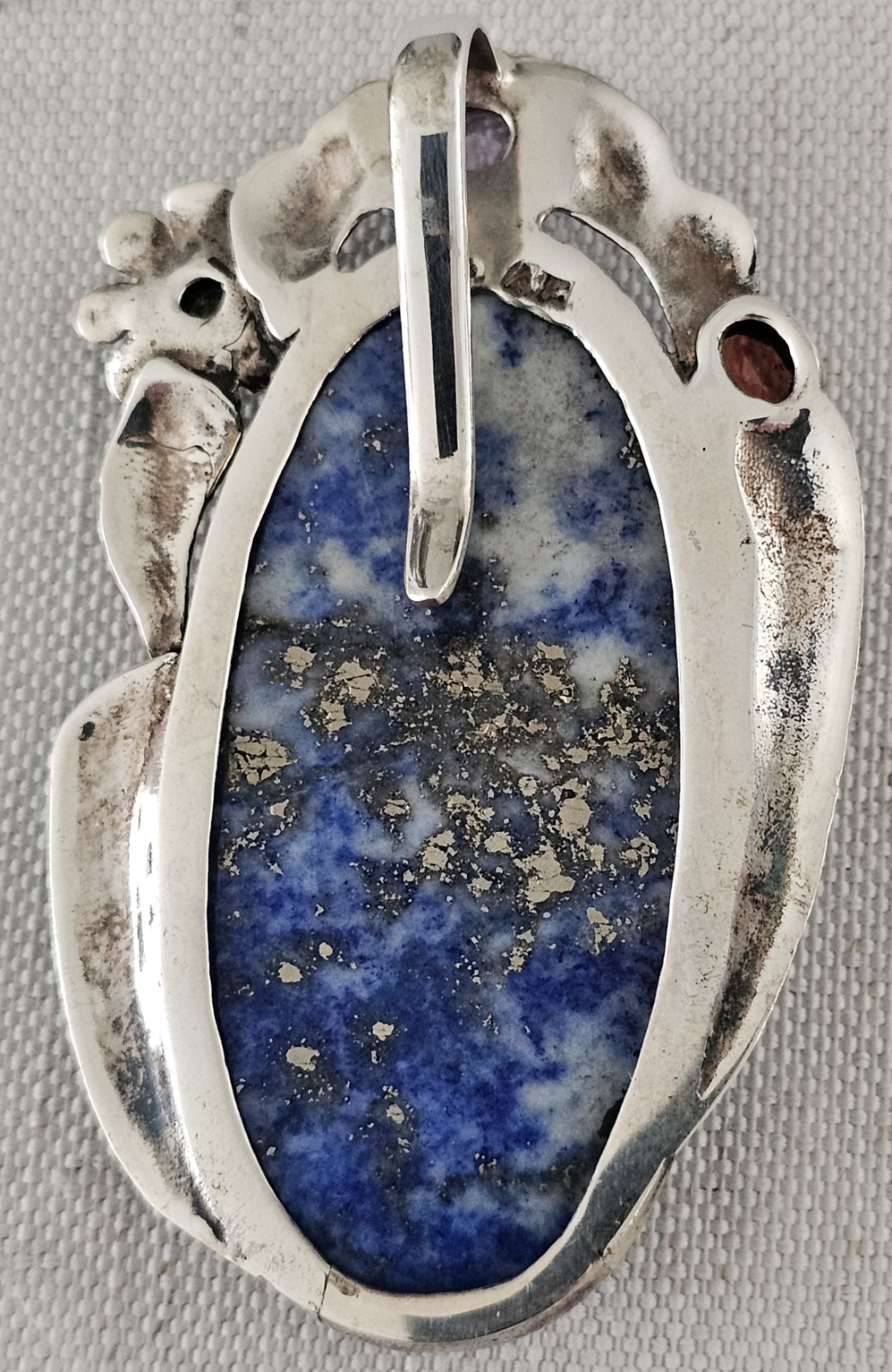 Vtg Sterling Silver 925 Large 2.5″ Ornate Lapis Lazuli Pendant Clip Signed 30g