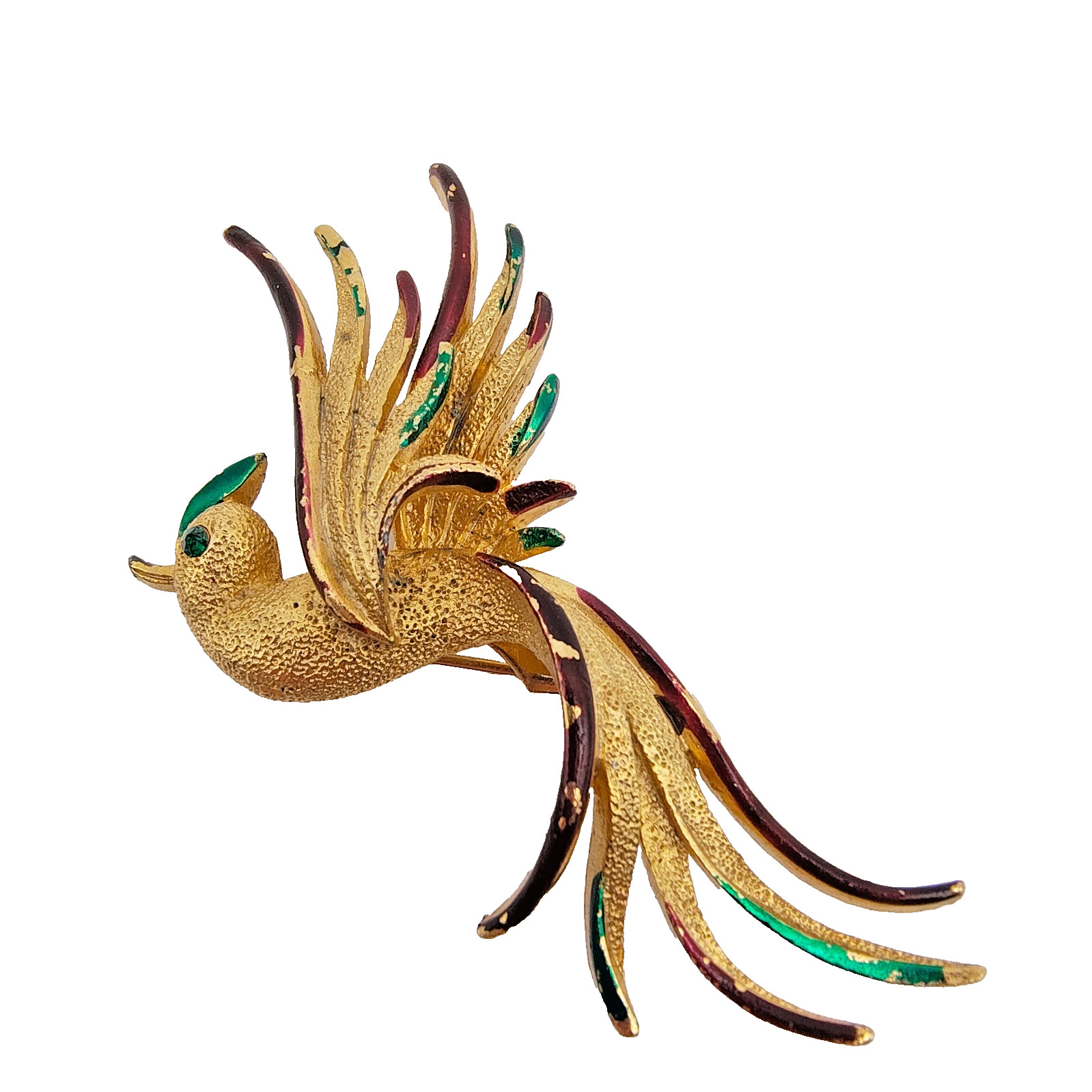 Vintage Bird Of Paradise Brooch Gold Tone Red Green Enamel Rhinestone Tropical