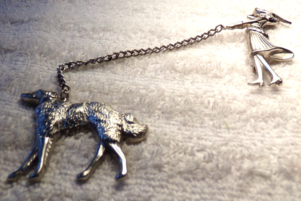 VTG CORO PEGASUS SILVER CHATELAINE DOUBLE PIN MODERN WOMAN WOLFHOUND DOG CHAIN