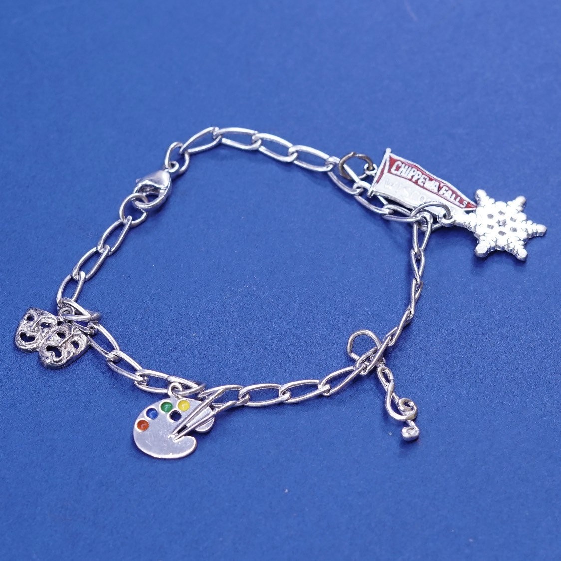 6.5″, vtg Sterling silver handmade bracelet, 925 elongated chain w/ 5 charms