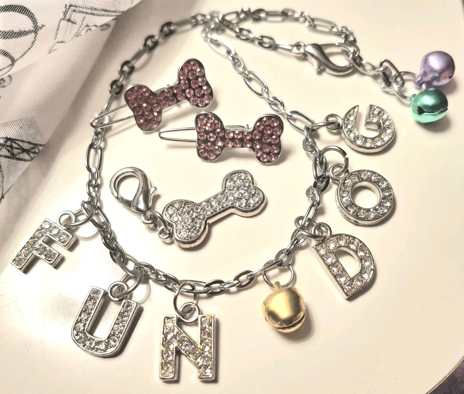 VTG LOT Dog Pet Rhinestone Jewelry Collar Barrett Charm Tag Bells Pink 90s New